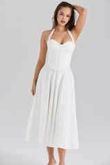 White Stretch Cotton Halter Neck Midi Dress