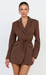 Harlee Mini Dress - Belted Cinch Waist Blazer Dress in Mocha