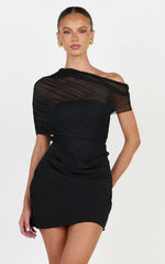 Nami Mini Dress - Overlay Off Shoulder Draped Cowl Waist Dress in Black