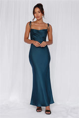 The Penelope Cowl Satin Maxi Dress Teal