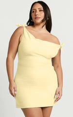 Jeofina Mini Dress - Off The Shoulder Linen Look Dress in Lemon