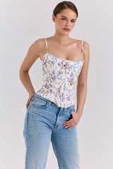 White Floral Ribbon Print Cotton Corset Top