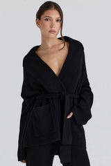 Black Pure Wool Draped Front Cardigan