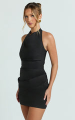 Felicity Mini Dress - Poplin Cowl Halter Gathered Dress in Black