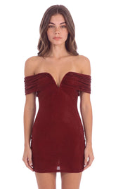 Off-Shoulder Embellished Mini Dress in Burgundy