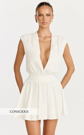 Luisa Mini Dress - Plunge Neckline Linen Blend Fit and Flare Dress in Off White