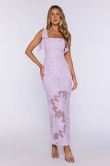 Enchanted Bloom Floral Embroidered Tie Shoulder Maxi Dress Lilac