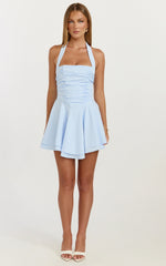 Anya Mini Dress - Halter Neck Gathered Top Drop Waist Fit And Flare Dress in Blue