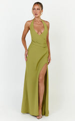 Dune Maxi Dress - Backless Plunge Neckline Draped Bodice Halter Dress in Olive