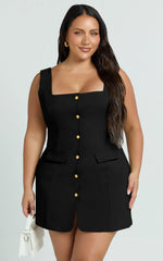 Kenna Mini Dress - Square Neck Button Down Mini Dress in Black