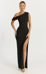 Helen Maxi Dress - One Shoulder Draped Fitted Dress in Black
