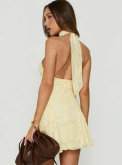 Bellanca Halter Pleat Mini Dress Butter Yellow Burnout