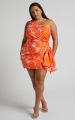Brailey Mini Dress - One Shoulder Wrap Front Dress in Orange Jacquard
