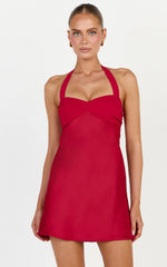 Flynn Mini Dress - Satin Halter Sweetheart Neck Dress in Red