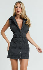Jasse Mini Dress - Hardware Button Through Denim Dress in Washed Black