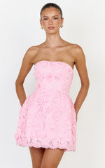 Maristella Mini Dress - Strapless Lace Up Back A Line Dress in Pink
