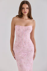 Pink Hand Beaded Embellished Strapless Maxi Dress