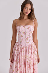 Pink Vintage Rose Print Cotton Midi Sundress