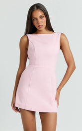 Windsor Mini Dress - Line Skirt Back Bow Dress in Pale Pink