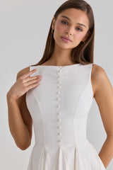 White Boat Neck Button Front Cotton Maxi Dress
