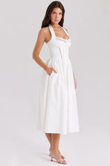 White Cotton Halter Neck Midi Dress