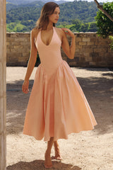 Peach Cotton Halter Neck Midi Sundress