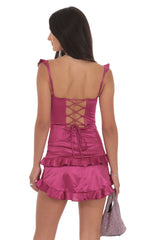Satin Ruffle Bodycon Dress in Magenta