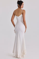 Vintage Ivory Satin Hand Beaded Embellished Maxi Dress