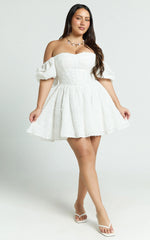 Esthela Mini Dress - Embroidered Square Neck Short Puff Sleeve Corset in White Floral