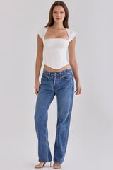 White Cotton Broderie Anglaise Trim Cap Sleeve Corset Top