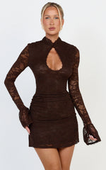 Nyla Mini Dress - Collared Keyhole Flute Sleeve Fitted Dress in Chocolate