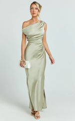Laurie Maxi Dress - One Shoulder Ruched Dress in Light Olive