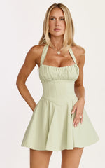Vionette Mini Dress - Halter Neck Ruched Bust Corset Dress in Sage
