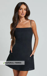 Mavie Mini Linen Dress - Linen Strappy Shift Dress in Black