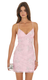 Beaded Mini Dress in Pink