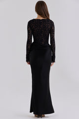 Black Corded Lace + Satin Draped Maxi Dress