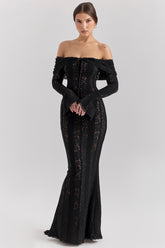 Black Off Shoulder Floral Lace Maxi Dress