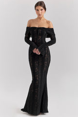 Black Off Shoulder Floral Lace Maxi Dress