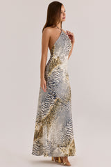 Animal Print Satin Halter Neck Maxi Slip Dress