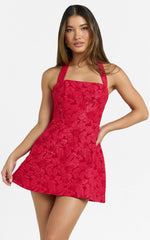 Gabbie Mini Dress - Jacquard Halter Fit And Flare Dress in Red