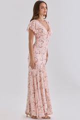 Pink Vintage Rose Print Georgette Maxi Tea Dress