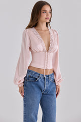 Pink Real Silk Long Sleeve Lace Trim Top
