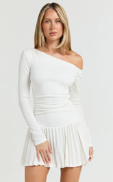 Presley Mini Dress - One Shoulder Ruched Side Pleated Fit And Flare Dress in Cream