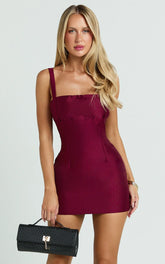 Beckett Mini Dress - Square Neck Form Fitting Dress in Wine
