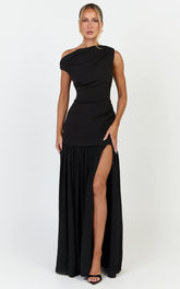 Azure Maxi Dress - Tipped Shoulder Dress With Tuck Detail and Leg Split in Black
