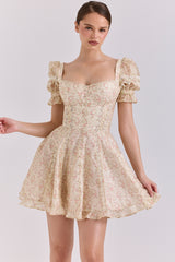 Cream Floral Print Chiffon Puff Sleeve Mini Dress