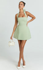 Dante Mini Dress - Halter Neck Tie Tulip Skirt Dress in Sage