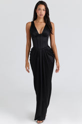 Black Satin Hourglass Maxi Dress - Limited Edition