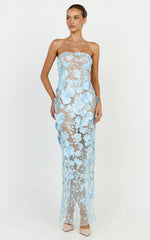 Sienna Maxi Dress - 3D Floral Strapless Column Dress in Blue