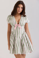 Green Stripe Floral Print Stretch Cotton Mini Dress